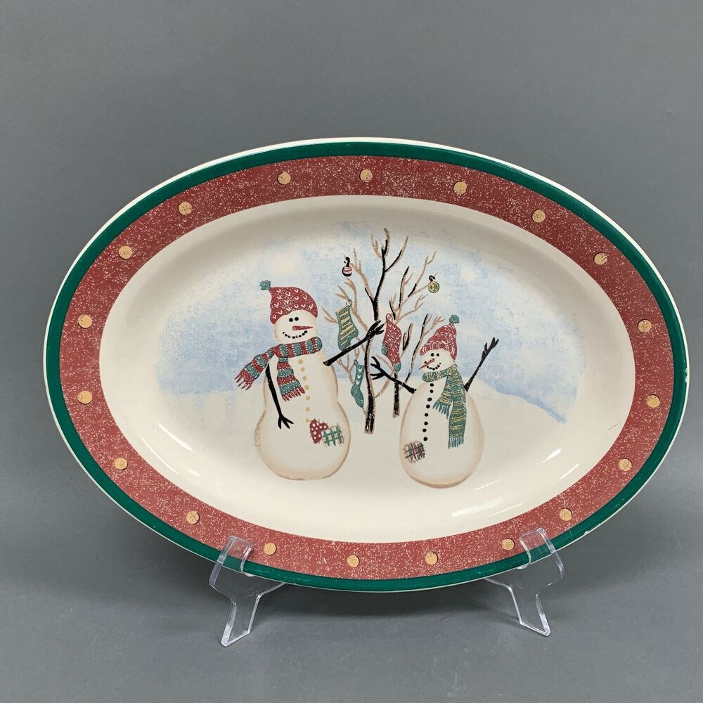 Royal Season Oval Platter Tray Stoneware Red Green Cream‎ Snowmen Snowman